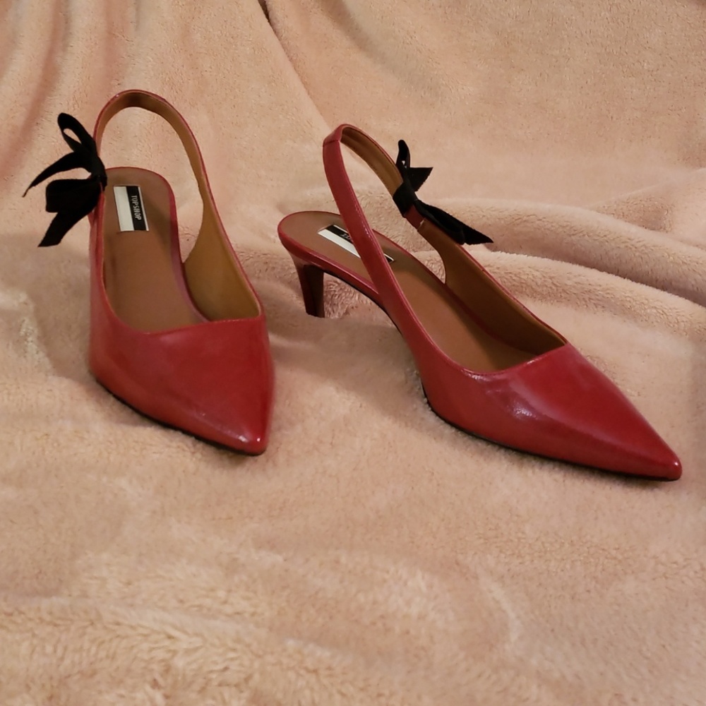 Sexy patent red high-heeled sling back shoes from Topshop